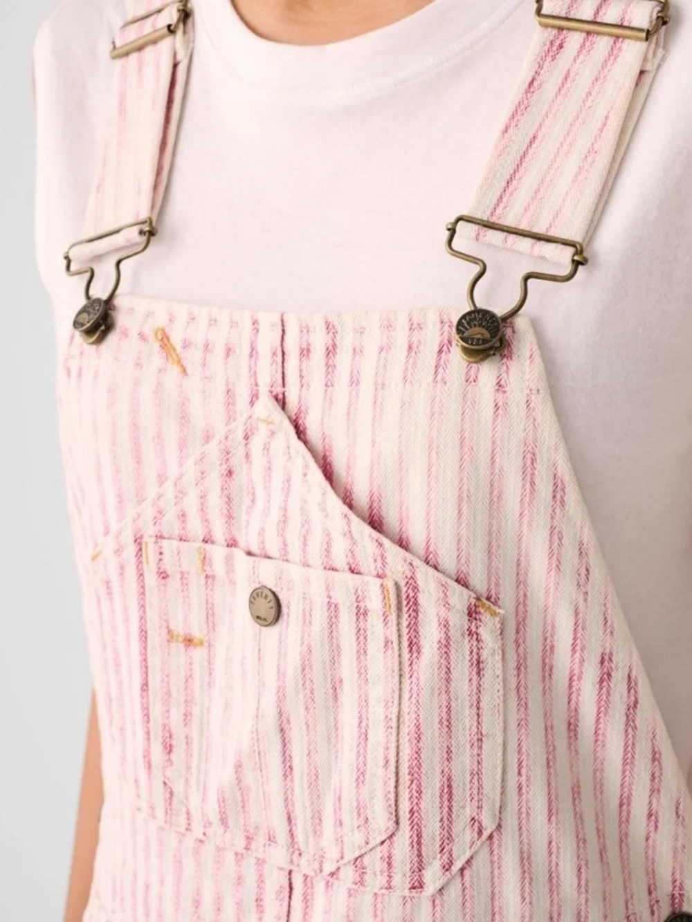 Faherty Topsail pink railroad stripe overalls - Picture 5 of 7